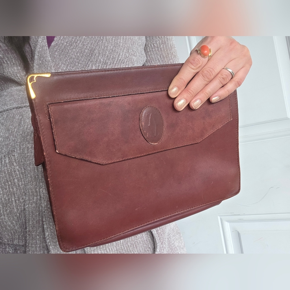CARTIER MUST BORDEAUX Leather Clutch bag Wine VINTAGE 90s Designer - Picture 11 of 14